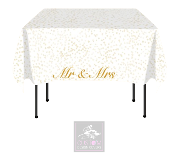 Mr & Mrs & Hearts on White Square Table Cover