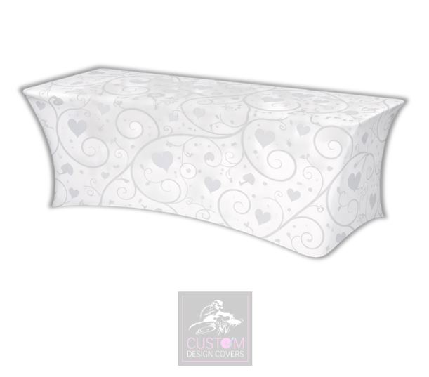 White Grey Hearts & Vines Lycra Table Cover