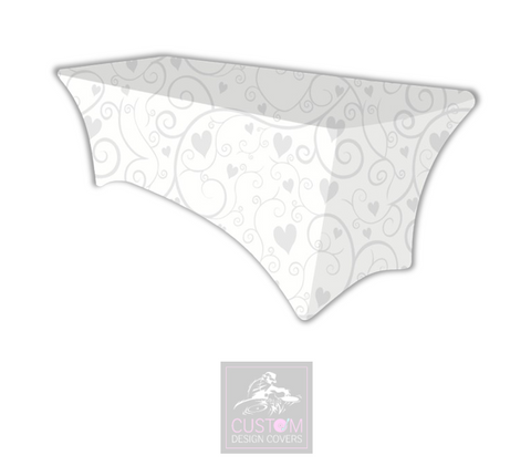 White Grey Hearts & Vines Lycra Table Cover