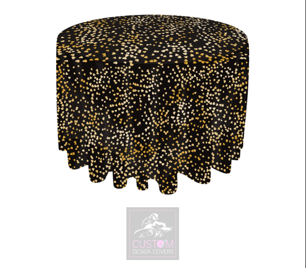 Gold Hearts on Black Round Table Cover