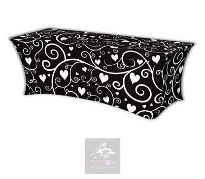 Black White Hearts & Vines Lycra Table Cover