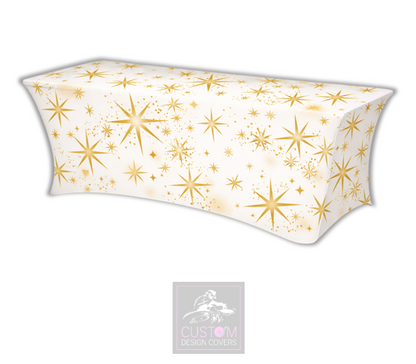 White Gold Stars Lycra Table Cover