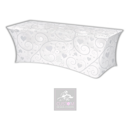 White Grey Hearts & Vines Lycra Table Cover
